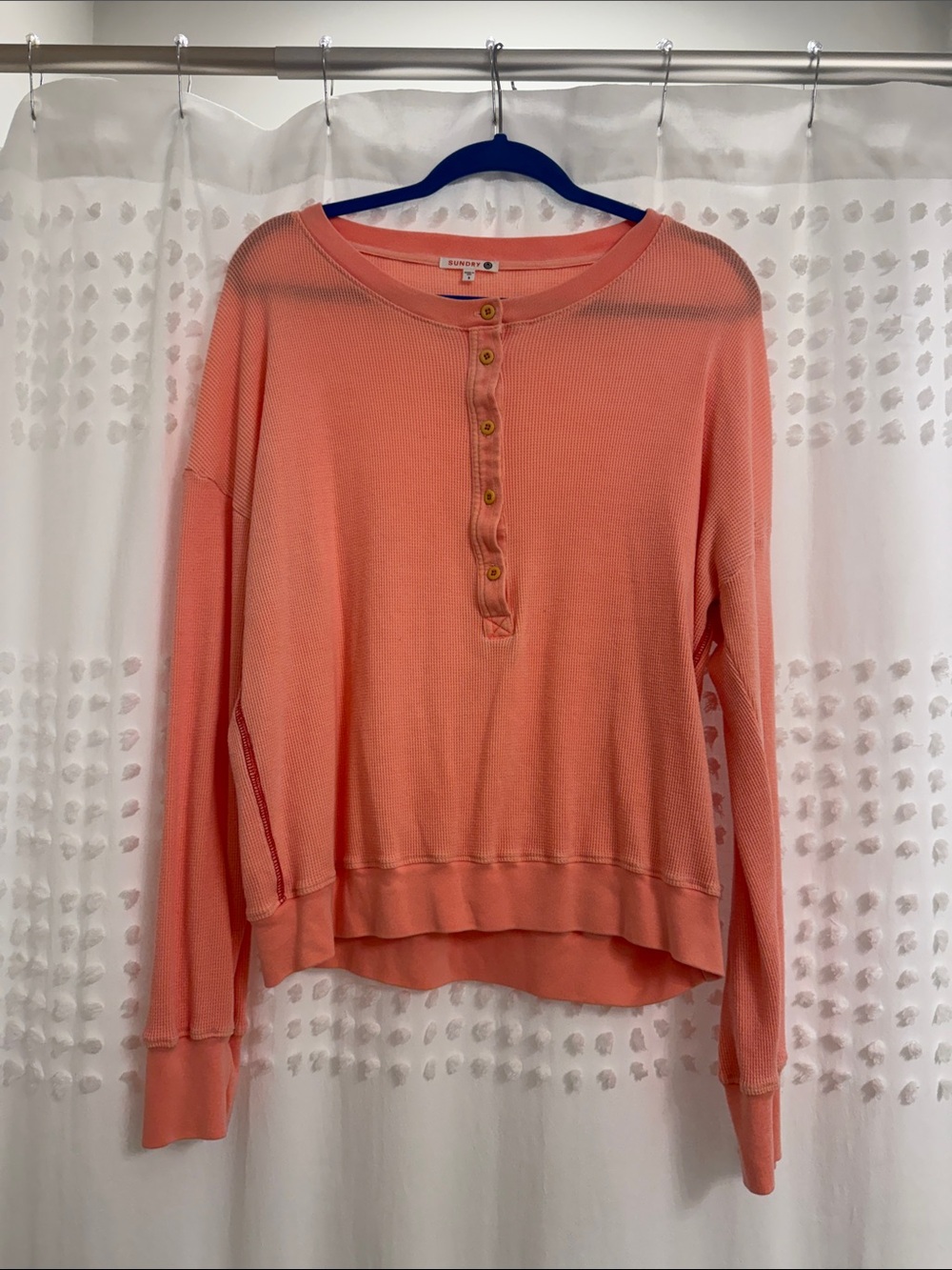 Sundry Coral Button-Front Waffle Henley Sweatshirt